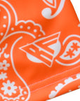 Close up of RF-Wear Orange/White paisley print with brand logo