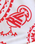 Close-up of RF-Wear Women's Paisley Shorts - White/Red with RF logo