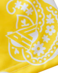 Close-up of women's paisley shorts in yellow/white with RF logo