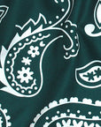 Close-up of RF-Wear Women's Split Paisley Shorts in Green/Silver