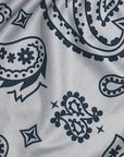 Close-up of RF-Wear Women's Split Paisley Shorts in Navy/Silver