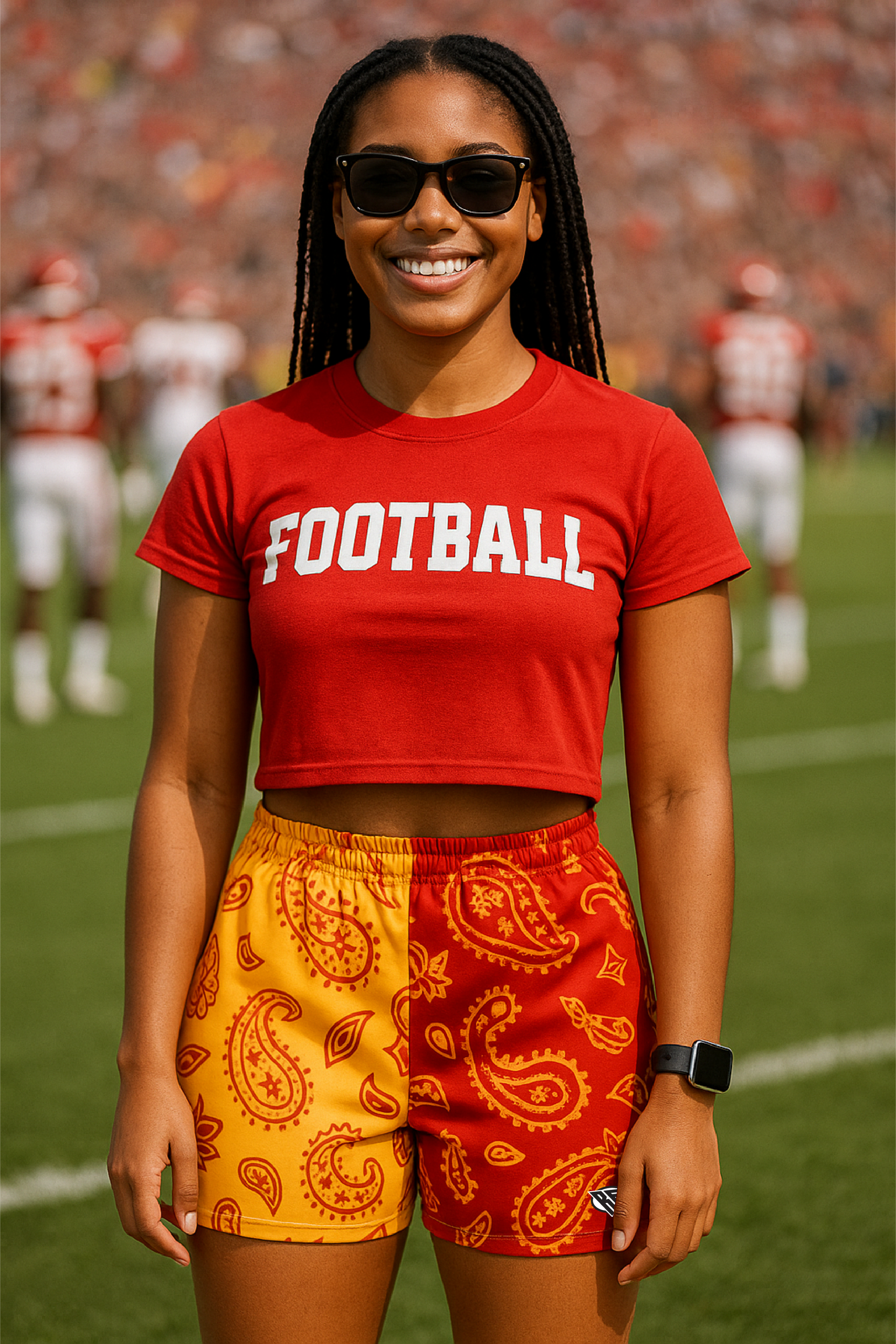 RF Wear Women's Split Paisley Shorts Red/Gold - Model Front View