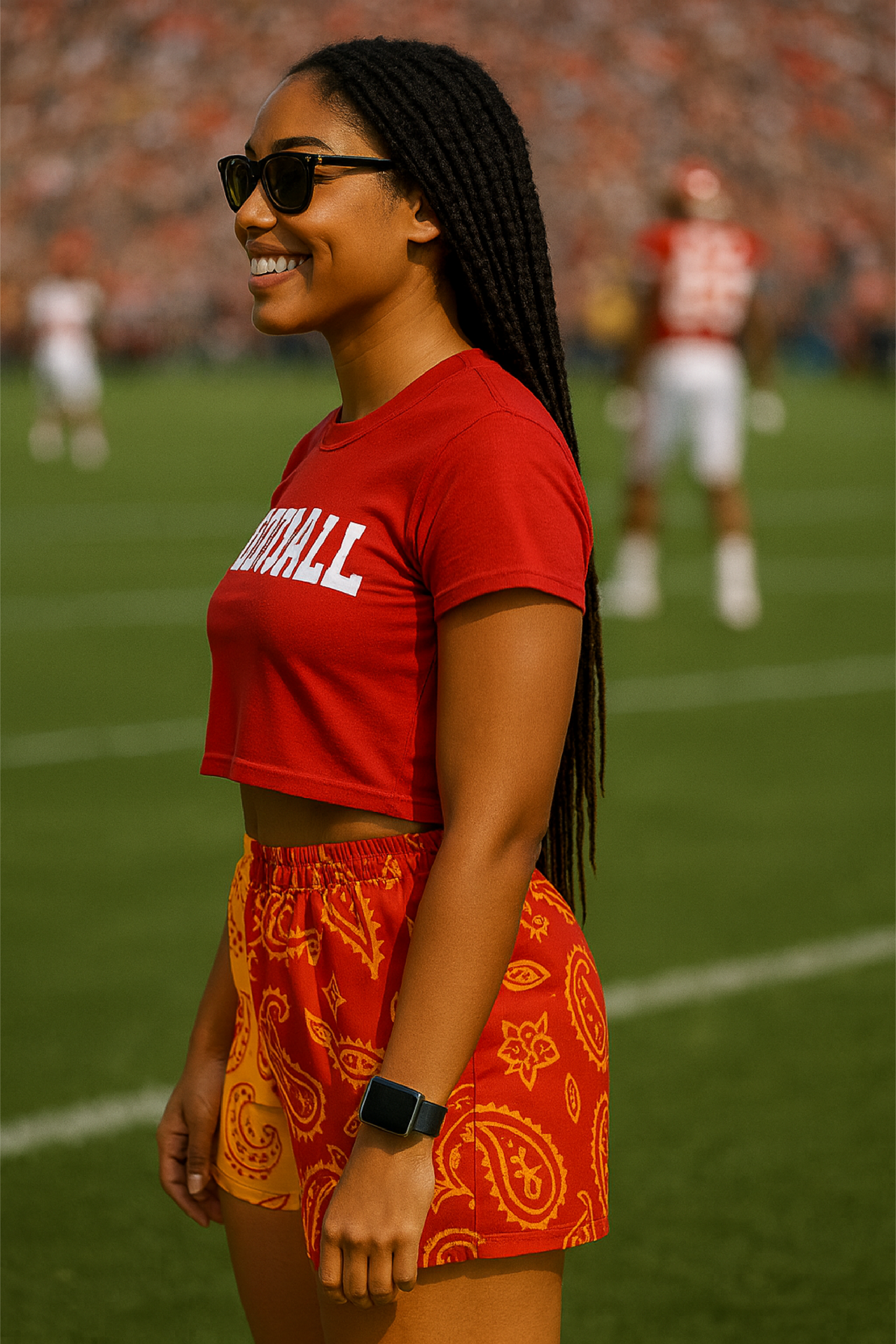 RF Wear Women's Split Paisley Shorts Red/Gold - Model Side View