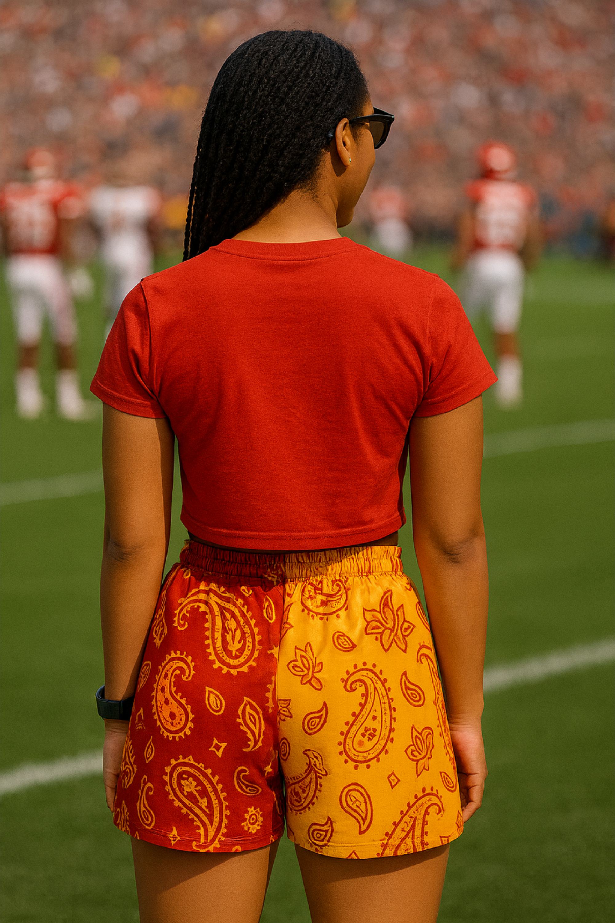 RF Wear Women's Split Paisley Shorts Red/Gold - Model Back View