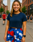 RF Wear Women's Patriotic Camo shorts - Red/White/Blue - Model Front View