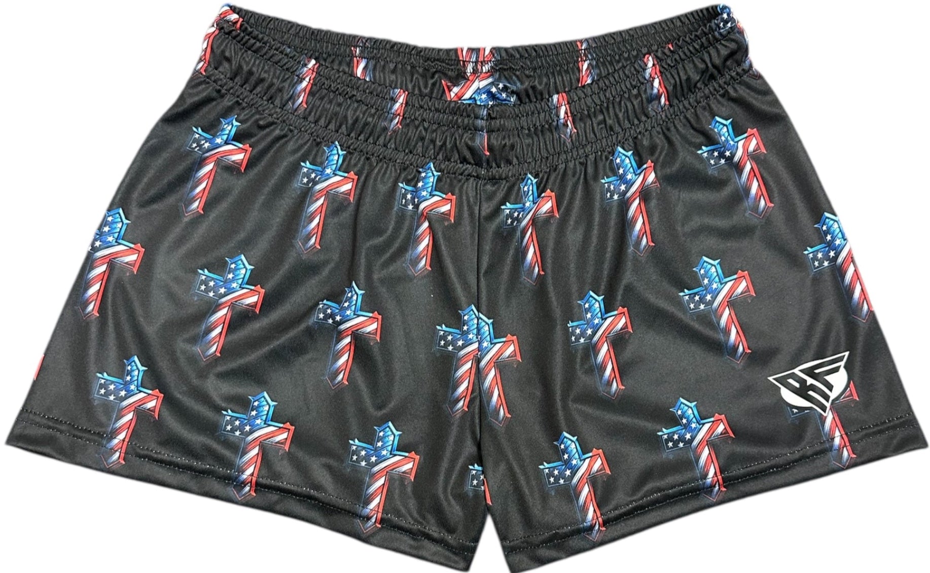 RF Wear Women's Patrioti Cross Shorts Black - Red/White/Blue - Close Up