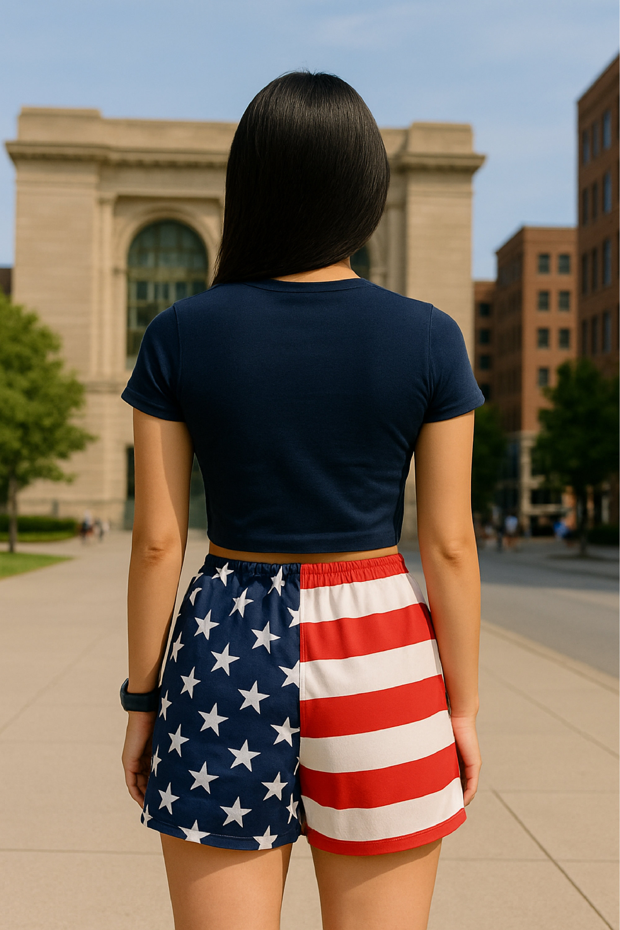 RF Wear Women's Patriotic Flag Shorts - Red/White/Blue - Model Back View