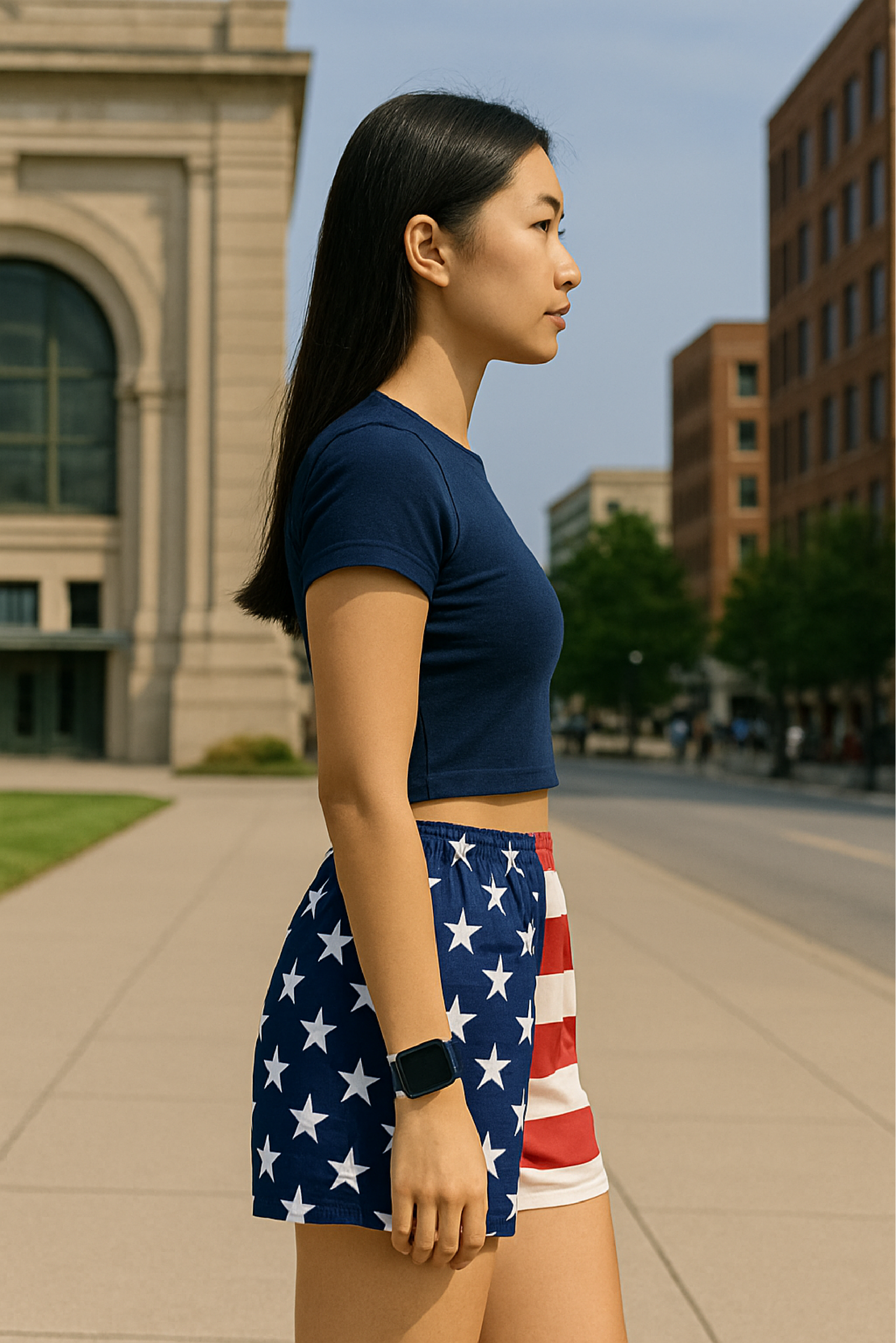 RF Wear Women's Patriotic Flag Shorts - Red/White/Blue - Model Side View