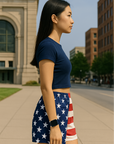 RF Wear Women's Patriotic Flag Shorts - Red/White/Blue - Model Side View