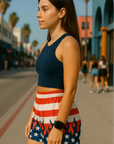RF Wear Women's Patriotic Flame Shorts - Red/White/Blue - Model Side View