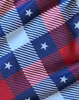 Close-up of RF-Wear Women's Patriotic Plaid Shorts in Red/White/Blue