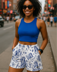 RF Wear Women's Patriotic Porcelain Pocket Shorts - white/blue - Model Front View