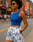 RF Wear Women's Patriotic Porcelain Pocket Shorts - white/blue - Model Side View