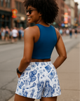 RF Wear Women's Patriotic Porcelain Pocket Shorts - white/blue - Model Back View