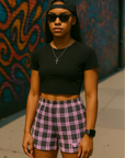RF Wear Women's Tartan Plaid Shorts - Black/Pink - Model Front View