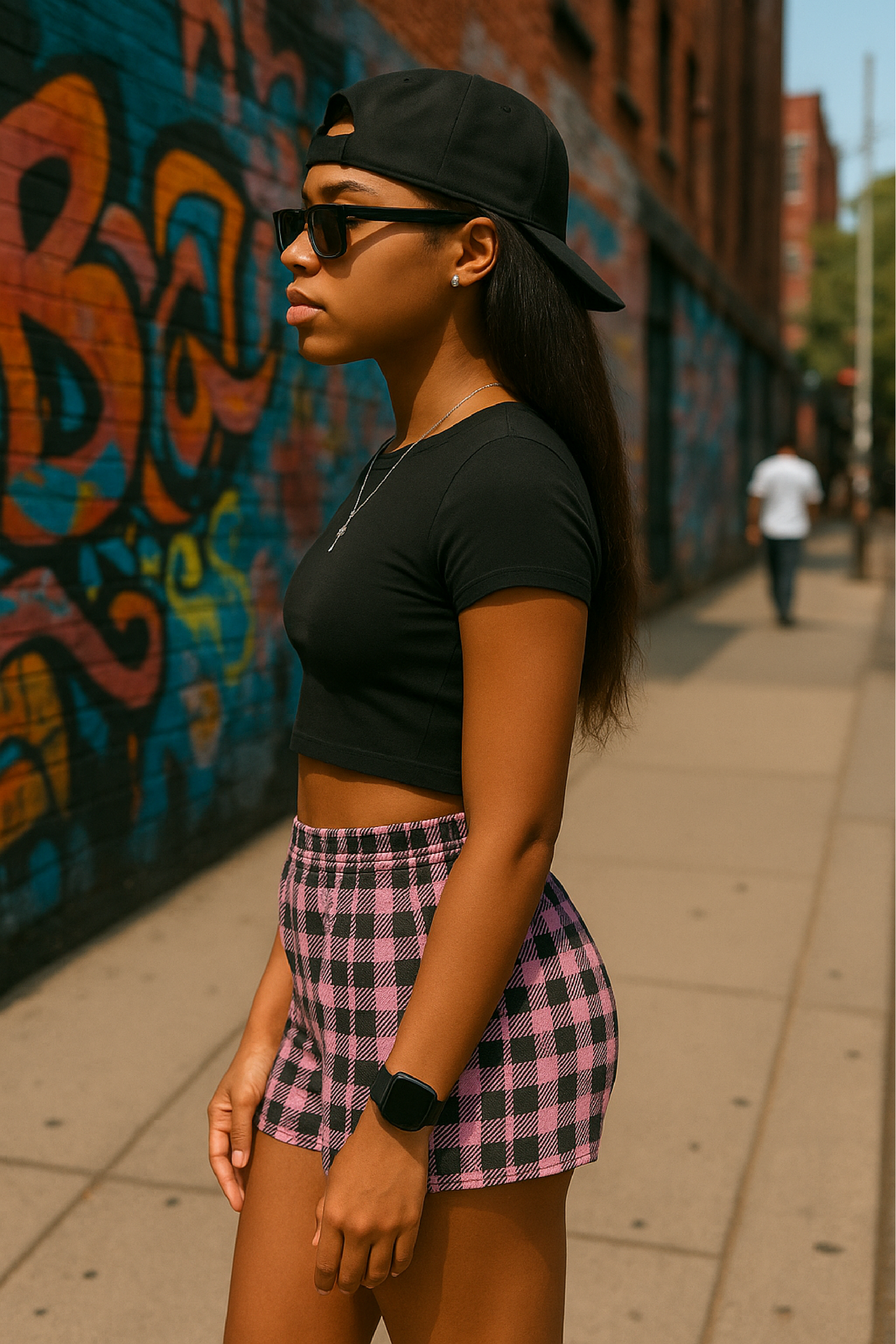 RF Wear Women's Tartan Plaid Shorts - Black/Pink - Model Side View