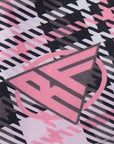 Close-up of RF-Wear Women's Tartan Plaid Shorts in Black/Pink with RF logo