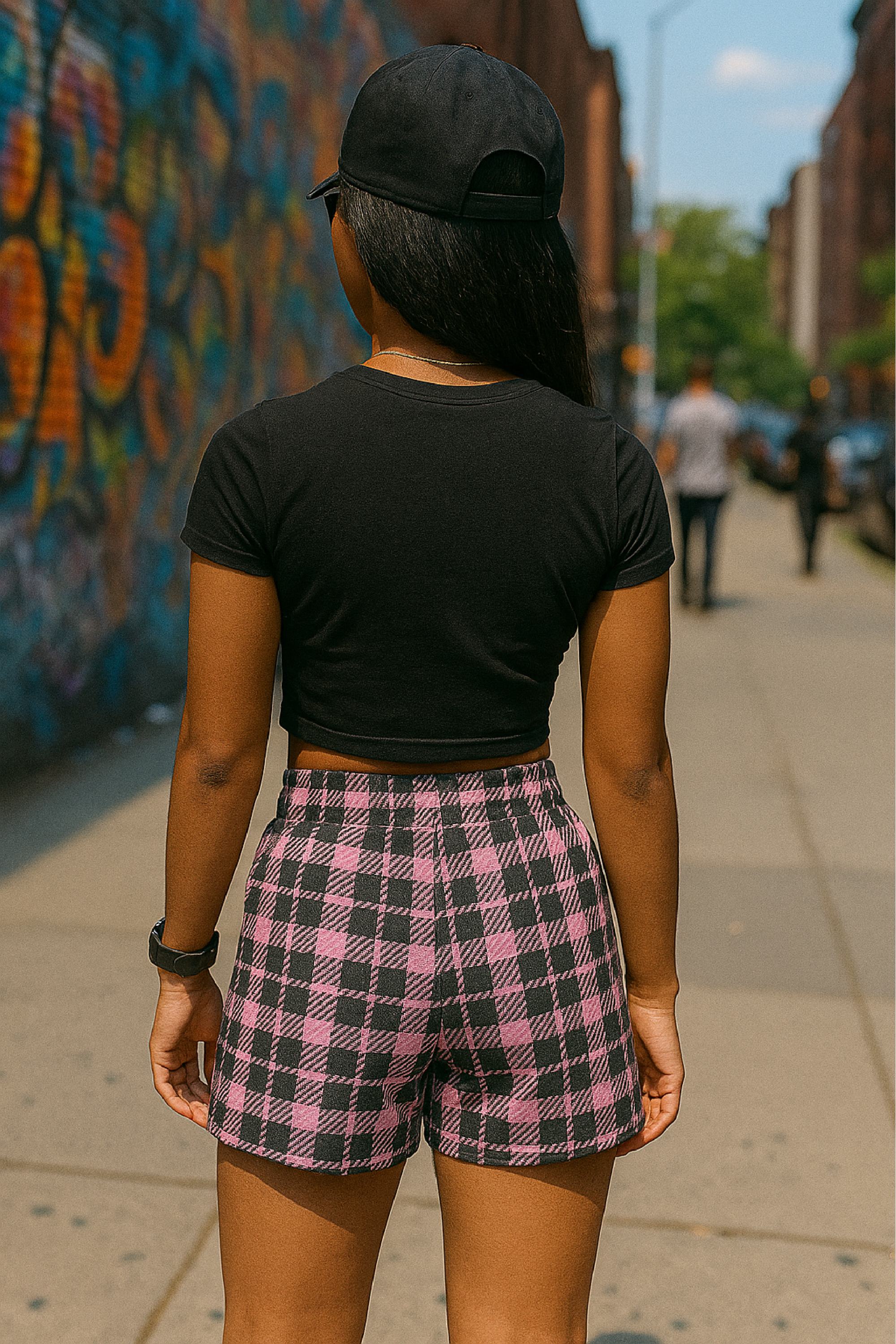 RF Wear Women's Tartan Plaid Shorts - Black/Pink - Model Back View