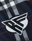 Close-up of RF-Wear Women's Tartan Plaid Shorts in Navy/White with RF logo