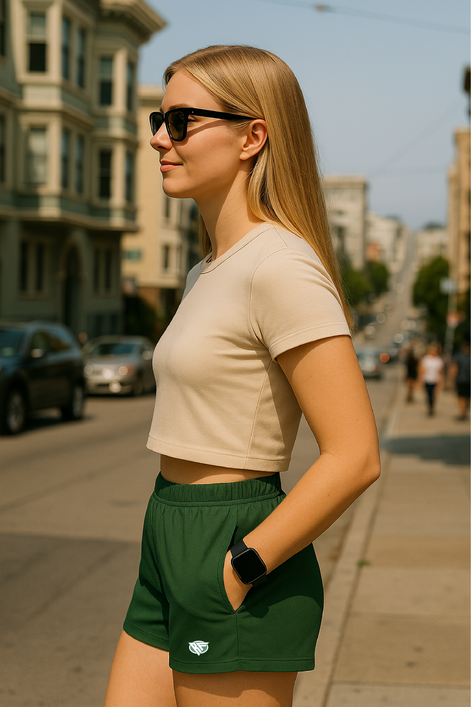 RF Wear Women's Pocket Shorts - Solid Color - Green - Model Side  View