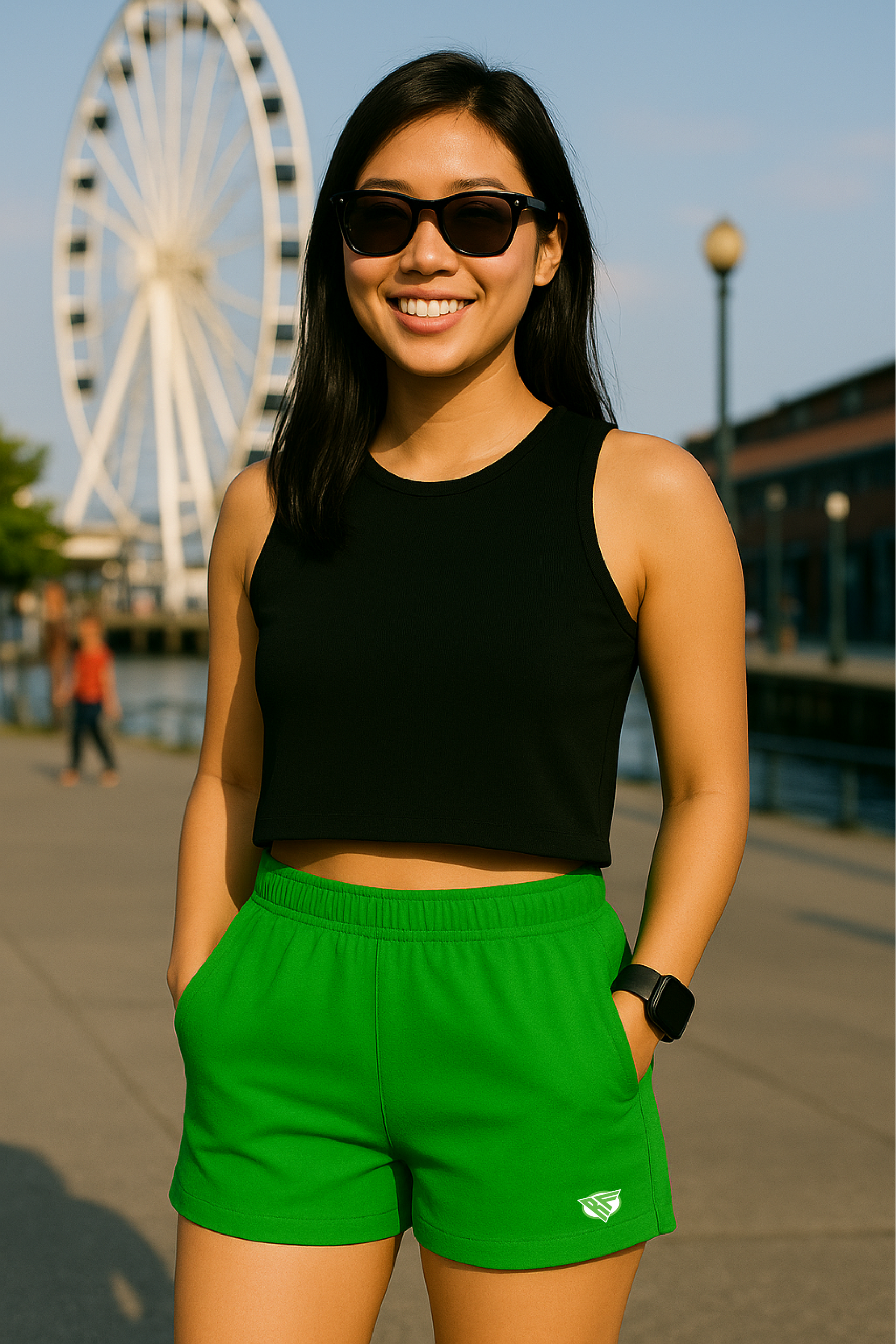 RF Wear Women's Pocket Solid Color Shorts - Lime Green - Model Front View