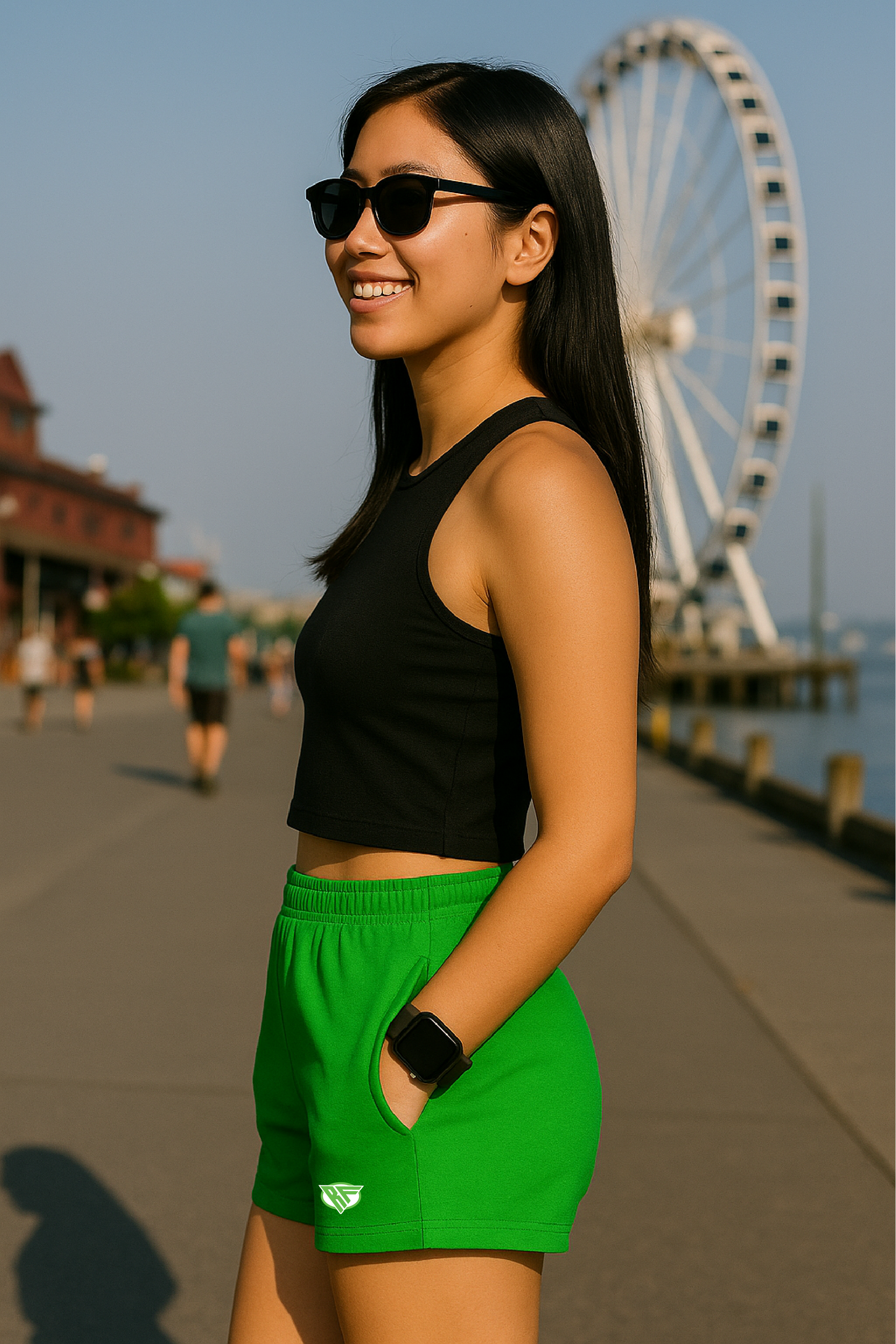 RF Wear Women's Pocket Solid Color Shorts - Lime Green - Model Side View