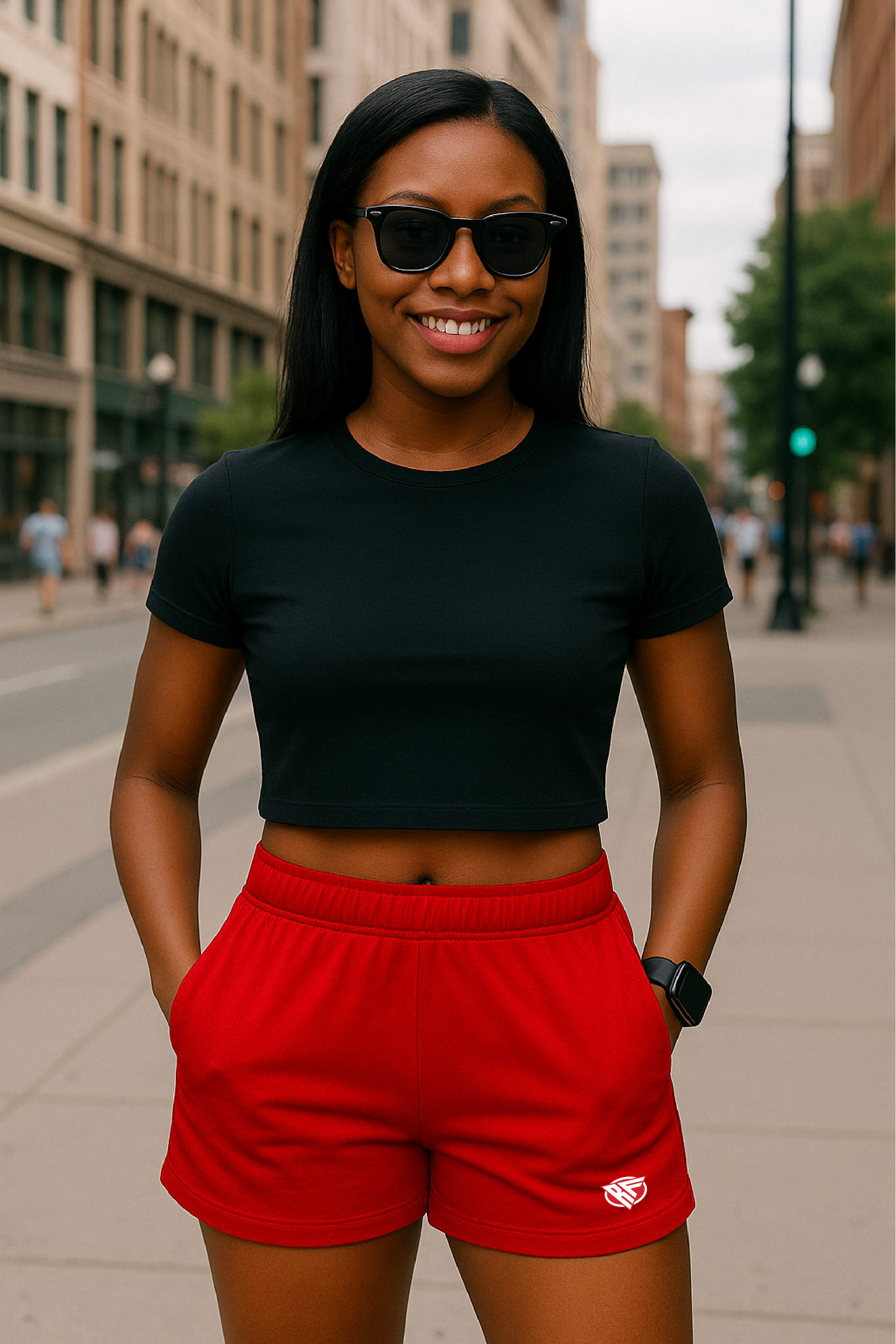 RF Wear Women's Pocket Solid Color Shorts - Red - Model Front View