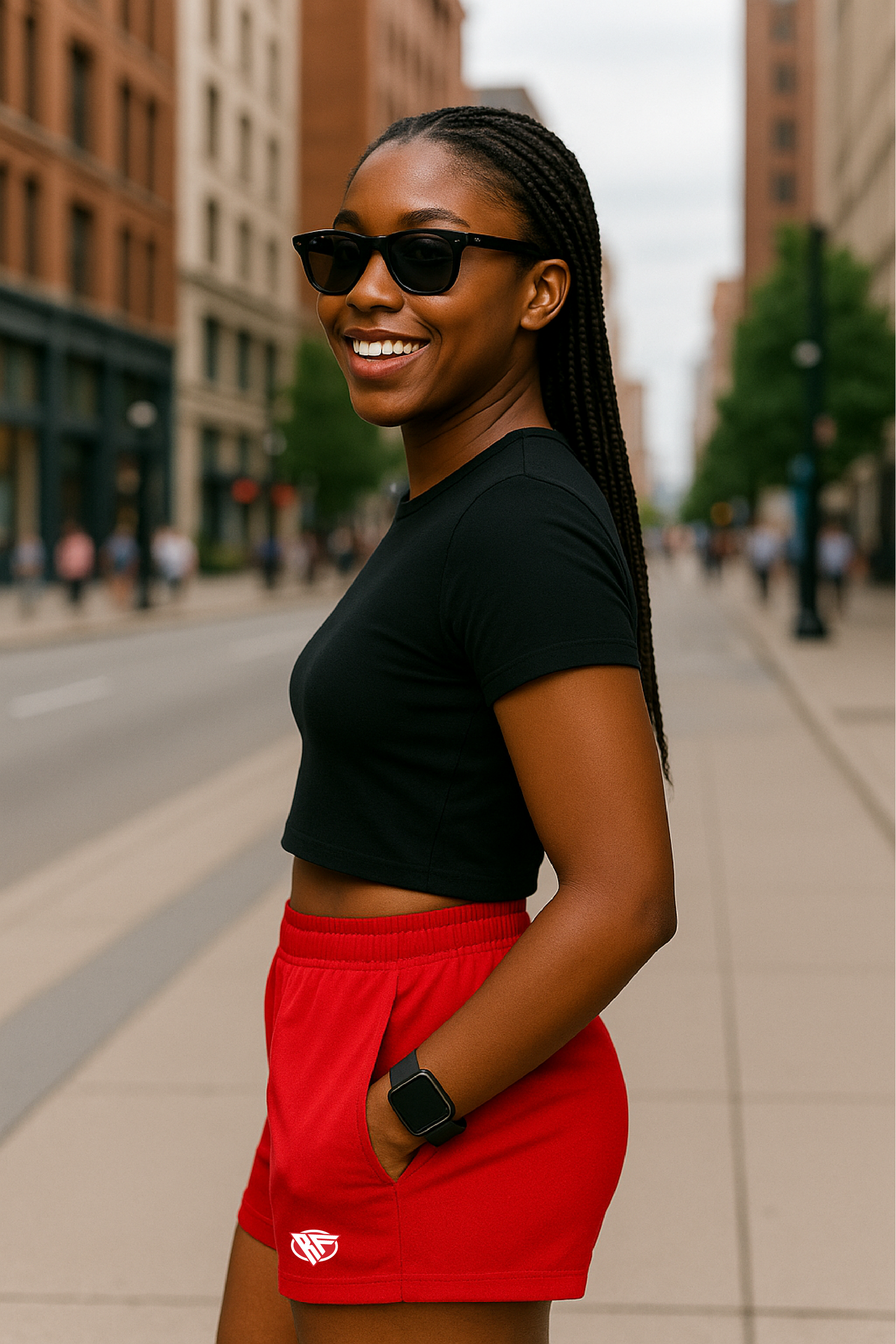 RF Wear Women's Pocket Solid Color Shorts - Red - Model Side View
