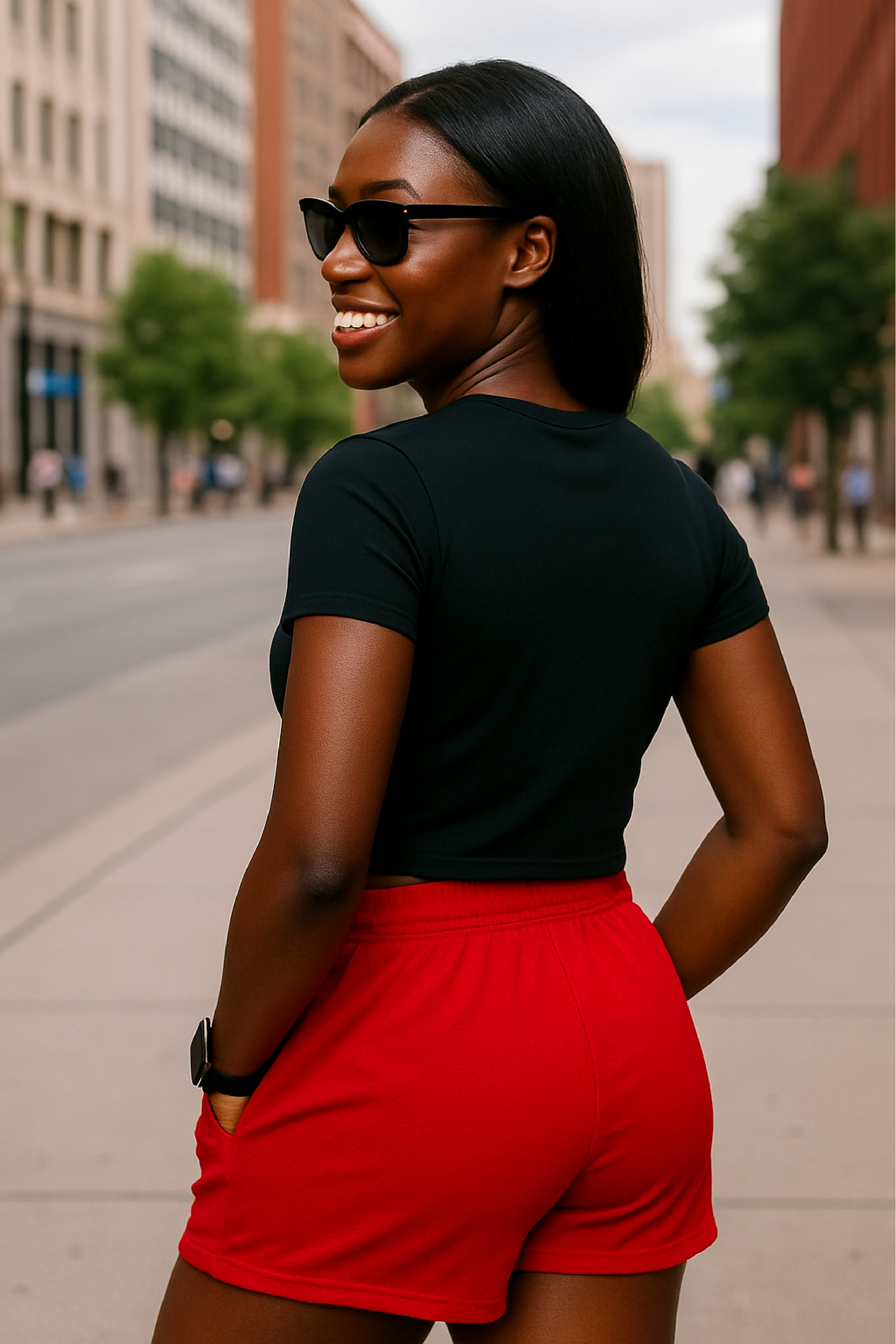 RF Wear Women's Pocket Solid Color Shorts - Red - Model Back View