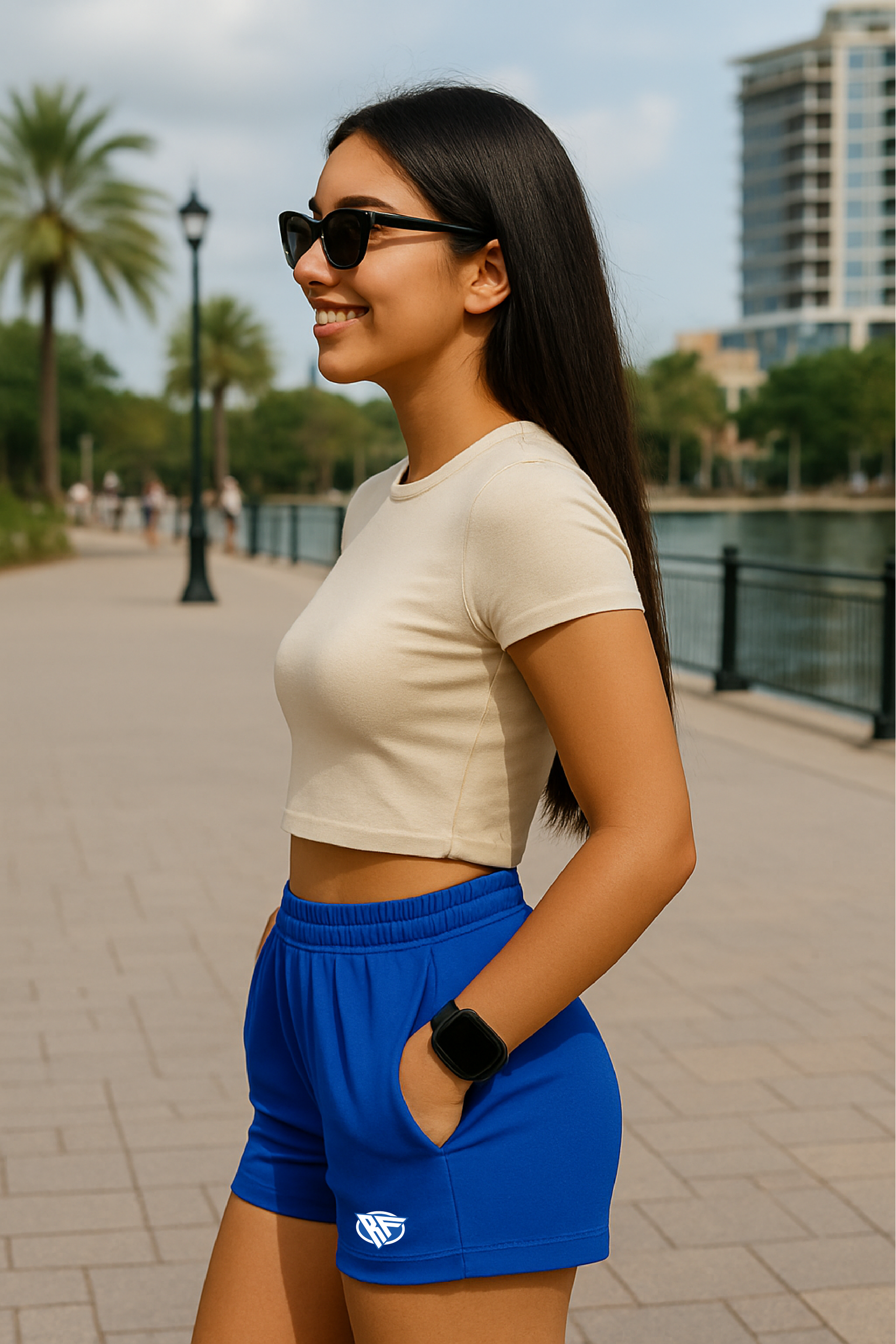 RF Wear Women's Pocket Solid Color Shorts -  Royal Blue - Model Side View