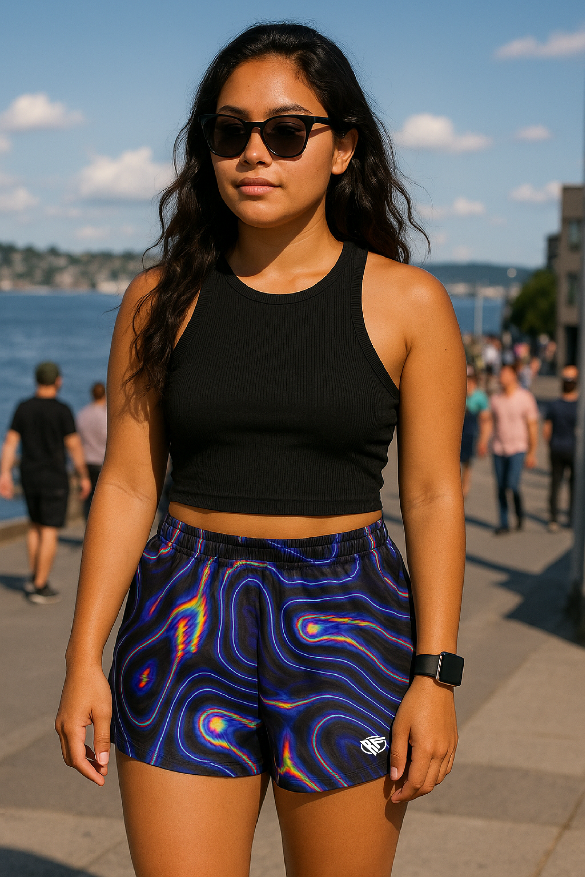 RF Wear Women's Psychedelic Shorts - Black/Multicolor  - Model Front View