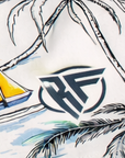 Close-up of RF-Wear Women's Sailboat Shorts in White/Multicolors with RF logo