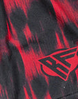 Close-up of RF-Wear Women's Skull Shorts 2.0 in Black/Red with RF logo