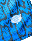 Close-up Women's Blue Snakeskin Shorts with brand logo
