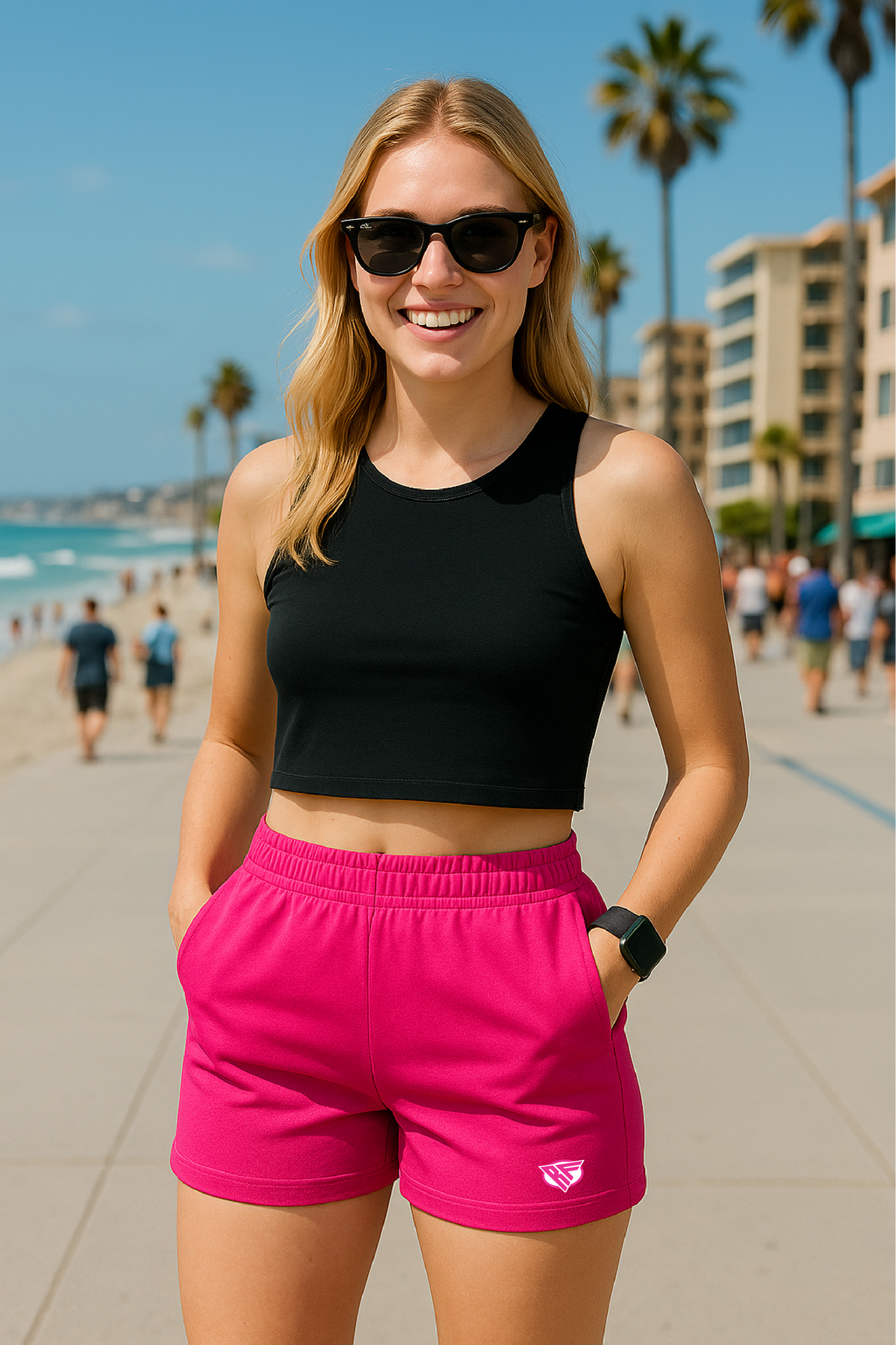 RF Wear Women's Solid Color Pocket Shorts - Fuchsia - Model Front View