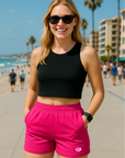 RF Wear Women's Solid Color Pocket Shorts - Fuchsia - Model Front View