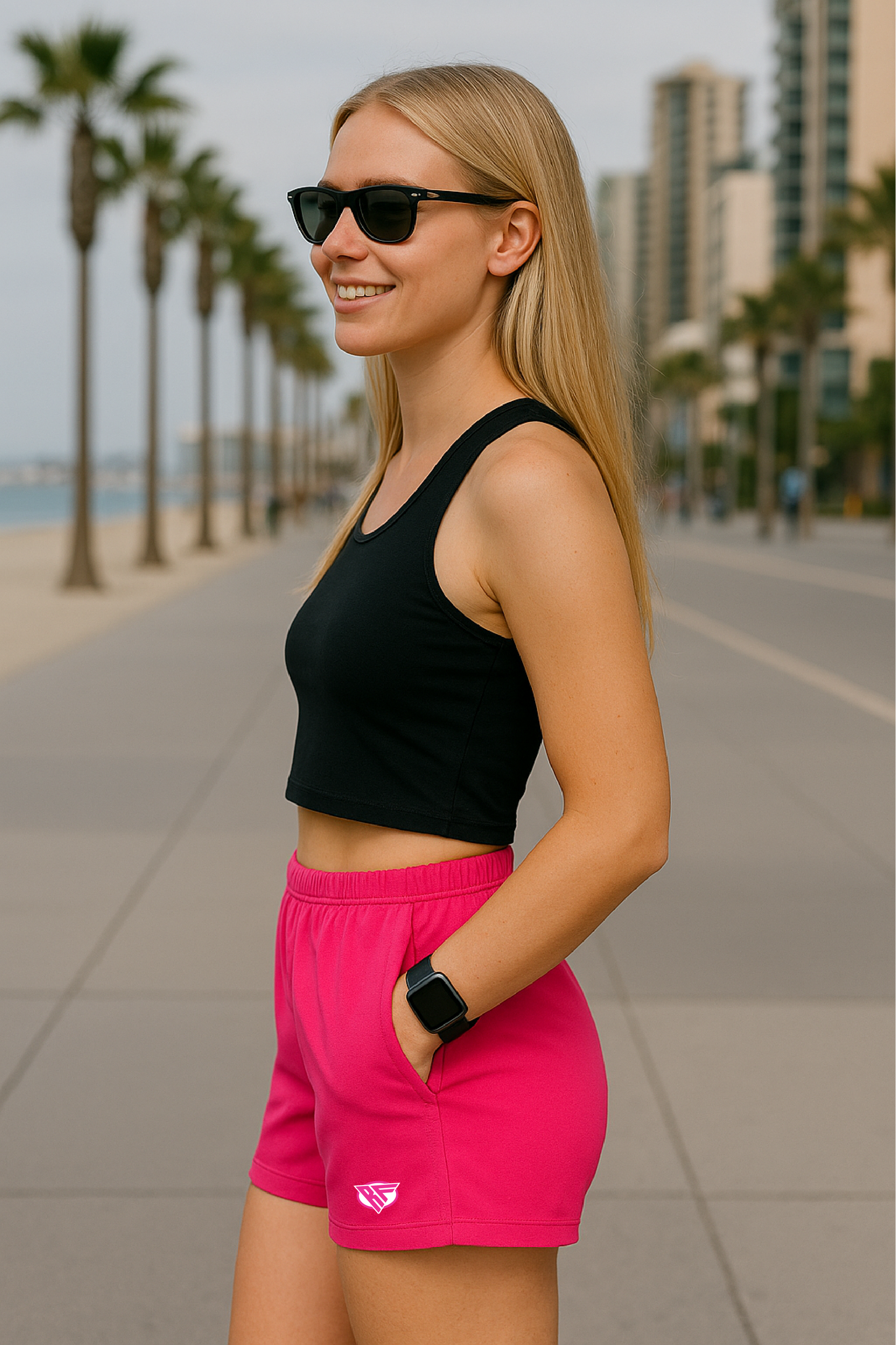 RF Wear Women's Solid Color Pocket Shorts - Fuchsia - Model Side View