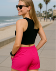 RF Wear Women's Solid Color Pocket Shorts - Fuchsia - Model Back  View