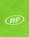 Close-up of RF-Wear Women's Solid Color Shorts in Lime-Green with RF logo