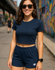 RF Wear Women's Solid Color Shorts - Navy Blue - Model Front View