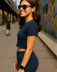 RF Wear Women's Solid Color Shorts - Navy Blue - Model Side View
