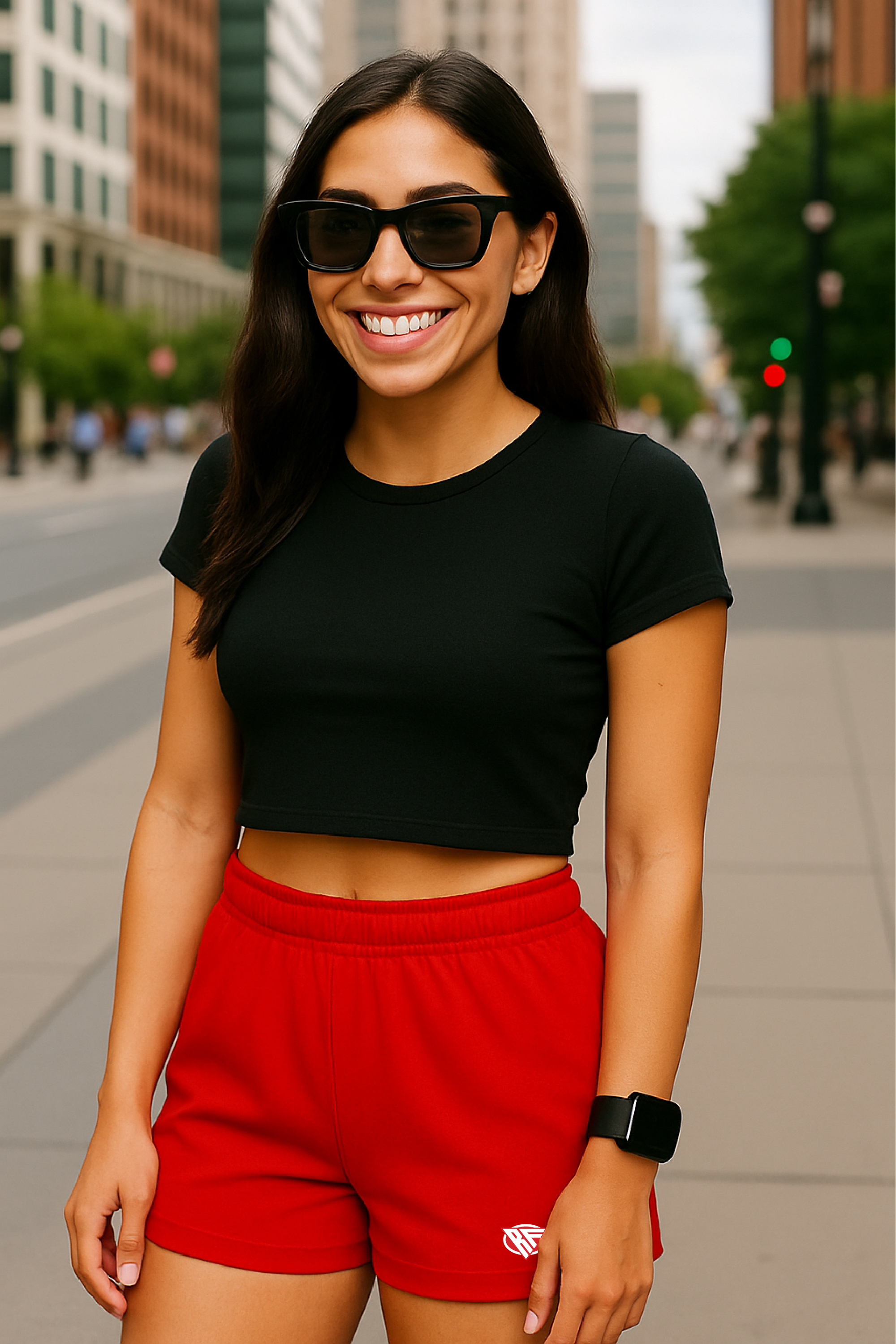 RF Wear Women's Solid Color Shorts - Red - Model Front View