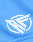 Close-up of RF-Wear Women's Solid Color Shorts in Sky-Blue with RF logo
