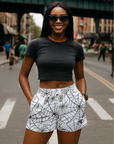 RF Wear Women's Spider Pocket Shorts - White with Black Webs - Model Front View