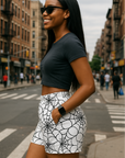 RF Wear Women's Spider Pocket Shorts - White with Black Webs - Model Side View
