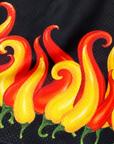 Close-up of RF-Wear Women's Split Flaming Pepper shorts in Red/Black
