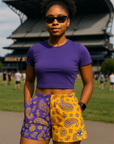 RF Wear Women's Split Paisley Pocket Shorts Purple/Gold - Model Front View
