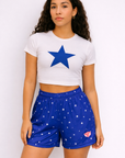 Woman wearing RF-Wear Women's Star Shorts in Blue