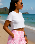RF Wear Women's Tie Dye Pocket Shorts - Pink/White - Model Front/Side View