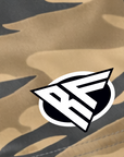 Close-up of RF-Wear Women's Tiger Camo Shorts in Tan with RF logo